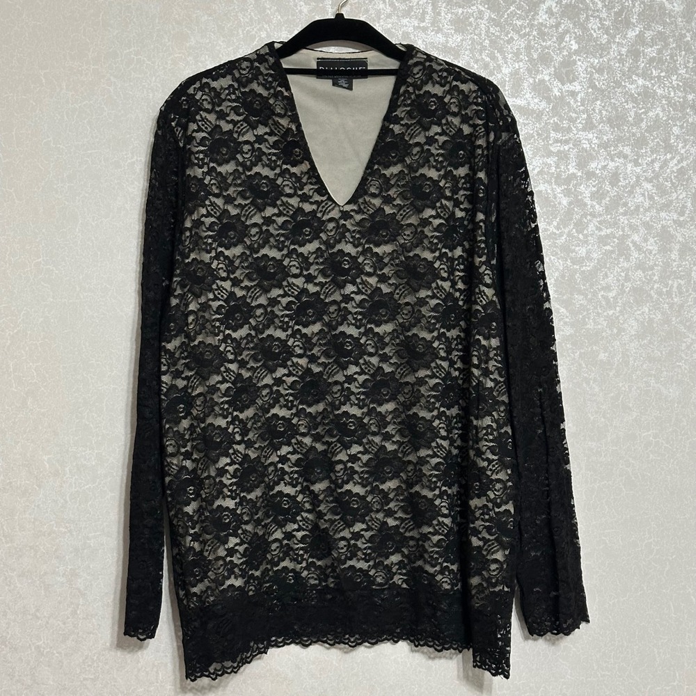 Dialogue Floral Lace Overlay V-Neck Lined Long Sleeve Blouse Black Gothic 2X